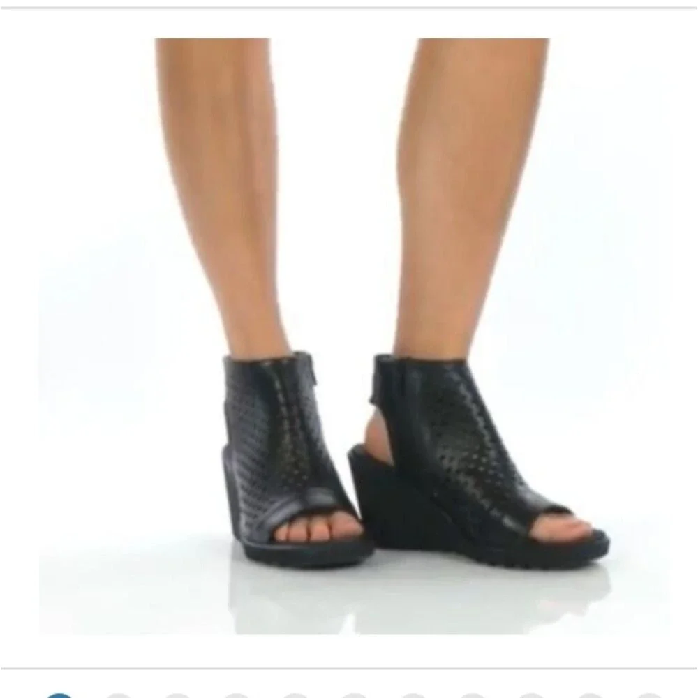 ECCO Freja Wedge Leather Sandal Bootie Ankle Boot Open Toe Laser Cut Black